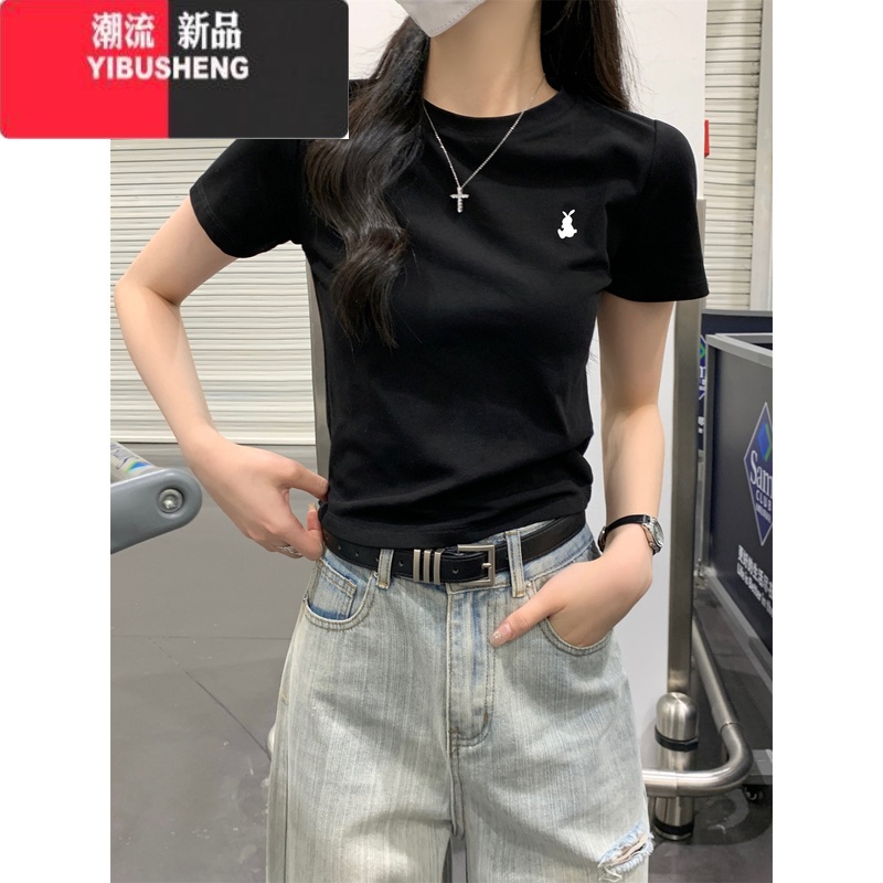 YIBUSHENG白色刺绣正肩短袖T恤女季2024新款韩系修身甜辣妹短款上韩高清大图