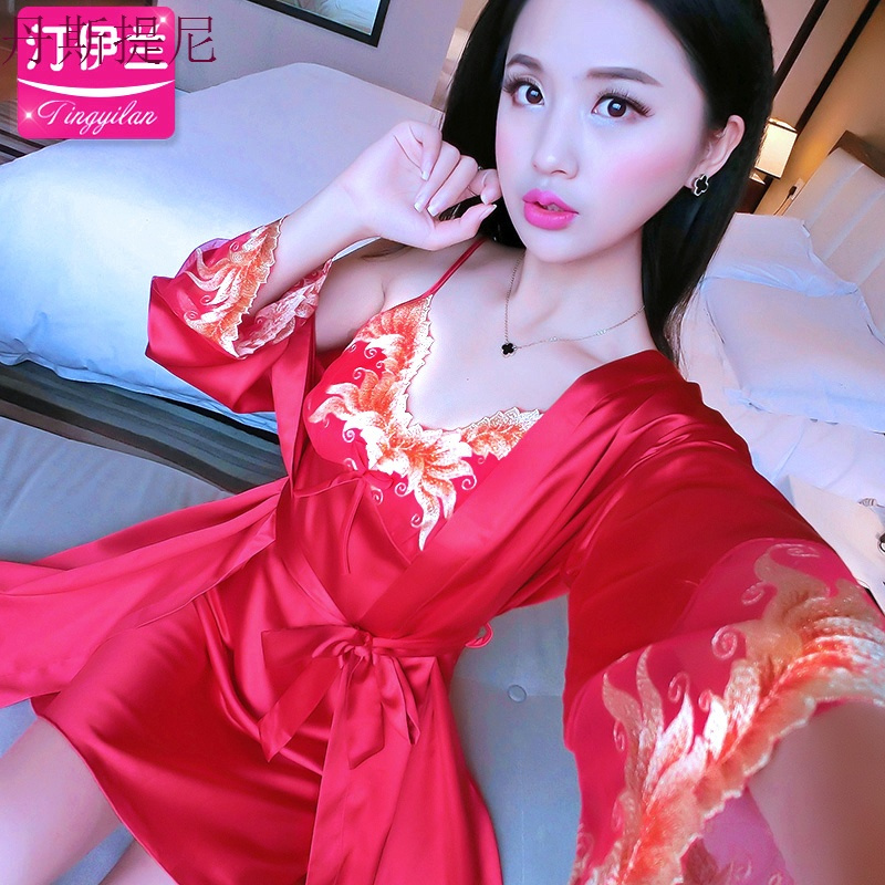 睡衣女秋季长袖睡裙性感带两件套家居服春秋大红色丝绸冰丝蕾丝