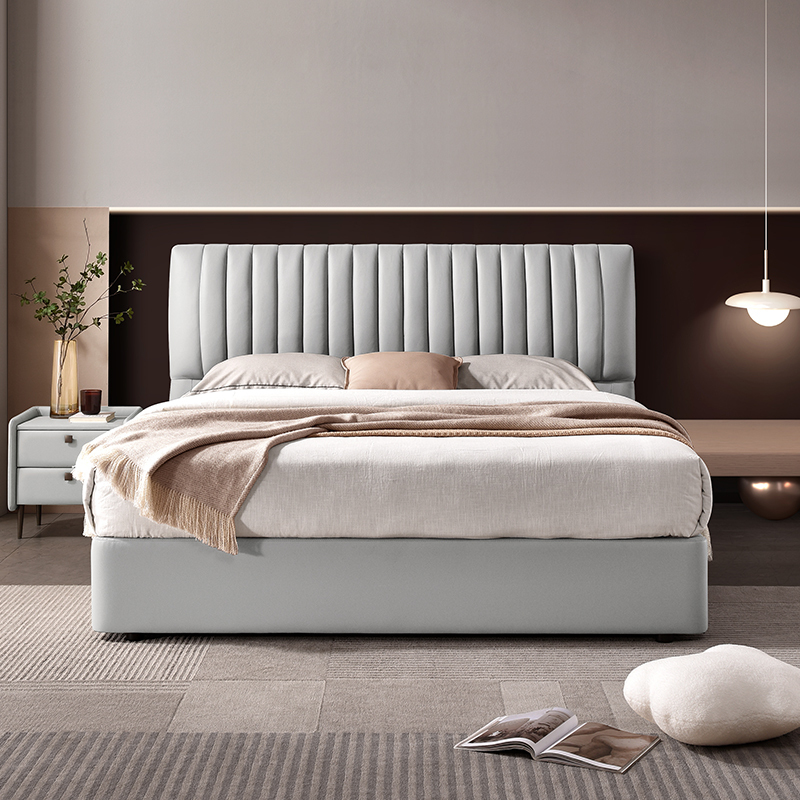 新品顾家家居现代简约头层真皮床竖琴平移储物主卧双人软床8069b天