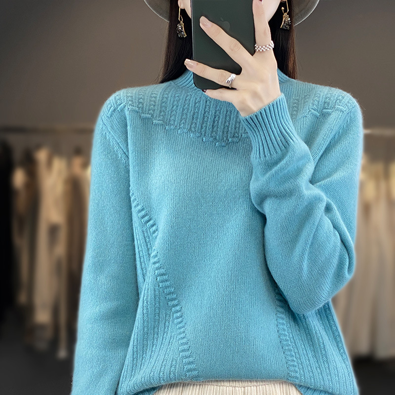 秋冬季加厚半高领毛衫重工提花立领针织打底衫高端毛衣女上衣