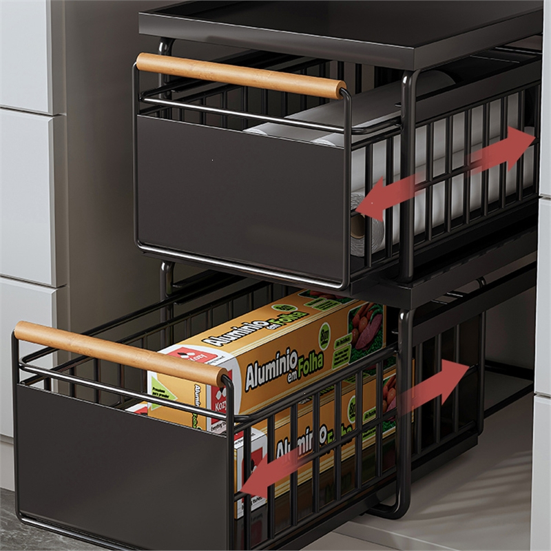 厨房橱柜拉篮下水槽置物架手逗多功能家用碗碟调料收纳抽拉式分层架子