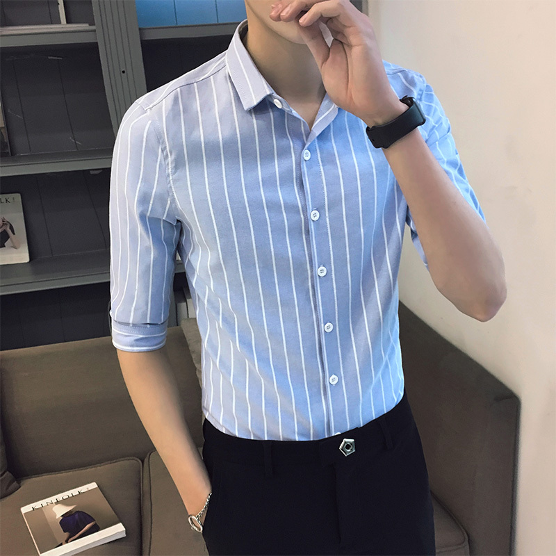 夏款男士商务百搭条纹中袖衬衫男韩版气质修身七分袖衬衫男短袖潮