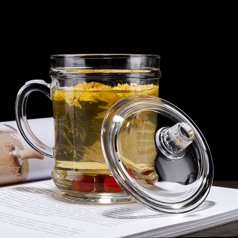 高档带把玻璃杯耐热花茶杯带盖加厚大容量男女士办公泡茶家用水杯梅花