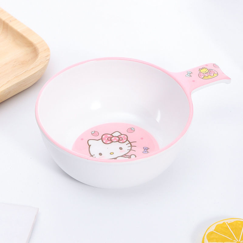 儿童碗可爱卡通幼儿园宝宝吃饭碗水杯子家用防摔密胺仿瓷餐具套装 把柄碗 单碗 粉凯蒂