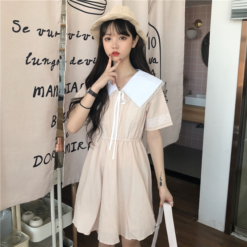 韩版中长款气质娃娃领蕾丝花边拼接高腰连衣裙学生显瘦裙子女夏季杏色均码