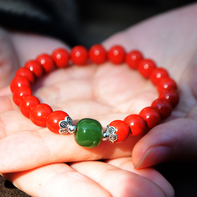 shecentury红朱砂手串和田玉转运珠辰砂手链饰品平安吉祥本命年礼物