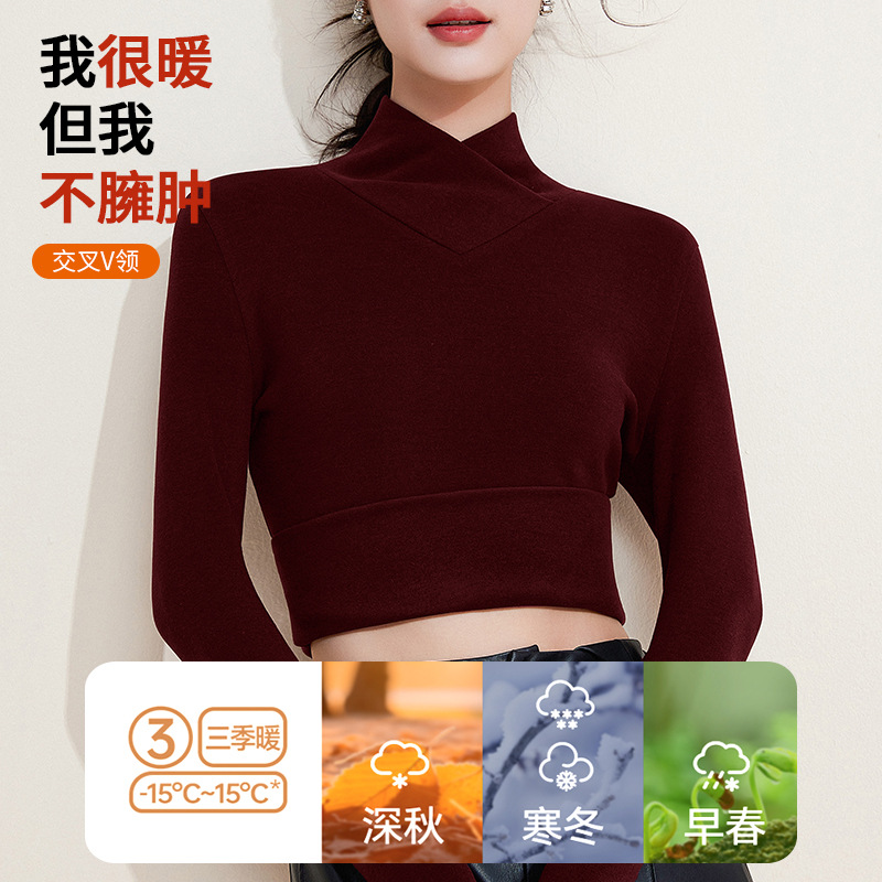 加绒加厚羊毛蚕丝交叉V领打底衫女秋衣保暖衣双面绒内搭T恤上衣冬高清大图