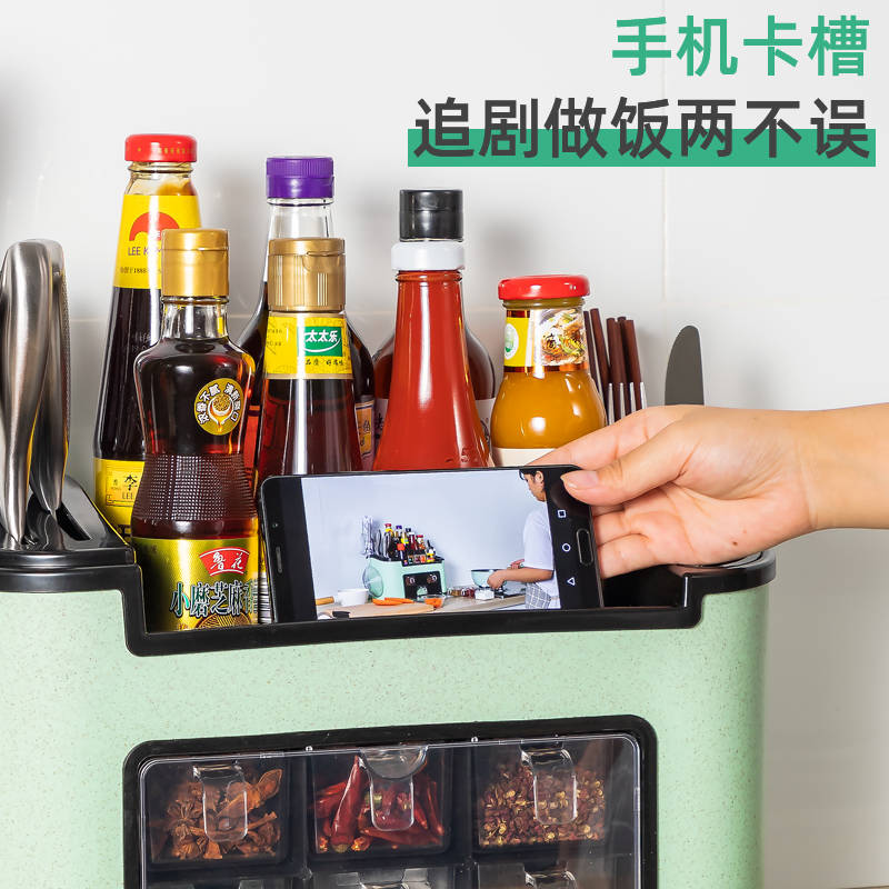 调料盒套装家用多功能厨房用品刀架置物架收纳盒调料架佐料调味盒 敬平 带盖大号绿色小麦送6量勺+挂钩架厨具架高清大图