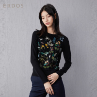 ERDOS 通勤圆领花卉装饰女羊绒针织衫宽松长袖罗纹收口