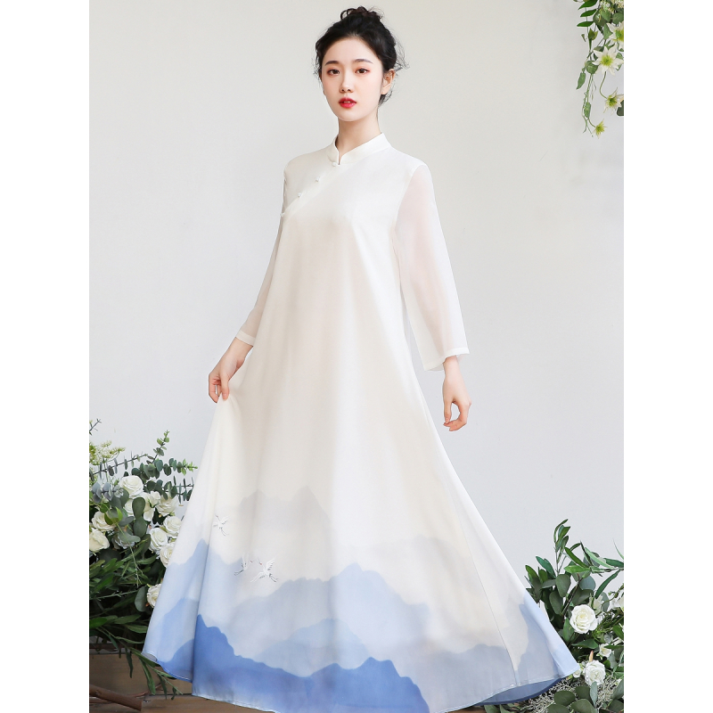 艳如飞古风女装春禅意茶艺服装改良唐装汉服旗袍中国风连衣裙女超仙气