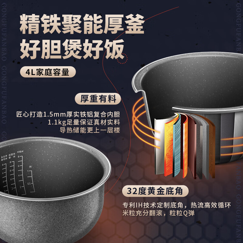 飞利浦(PHILIPS)电饭煲电饭锅 功夫电饭煲 4L 智芯IH加热5级口味选择精铁锅HD4539/21