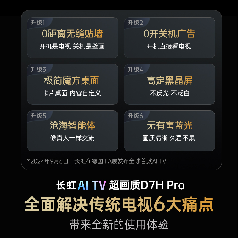 长虹电视75D7H PRO 75英寸电视 0贴墙壁画 DeepSeek MiniLED 4K超高清平板电视政府补贴