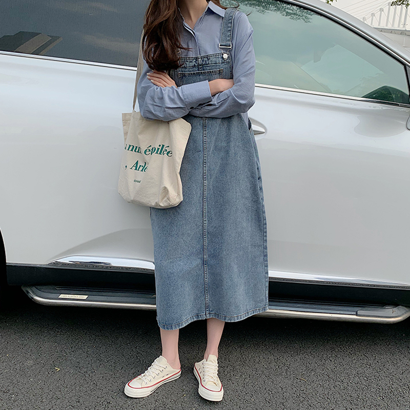 2021春夏新款chic大码胖mm牛仔背带裙宽松中长款减龄洋气连衣裙女 浅蓝色 S码[ 90-100斤]