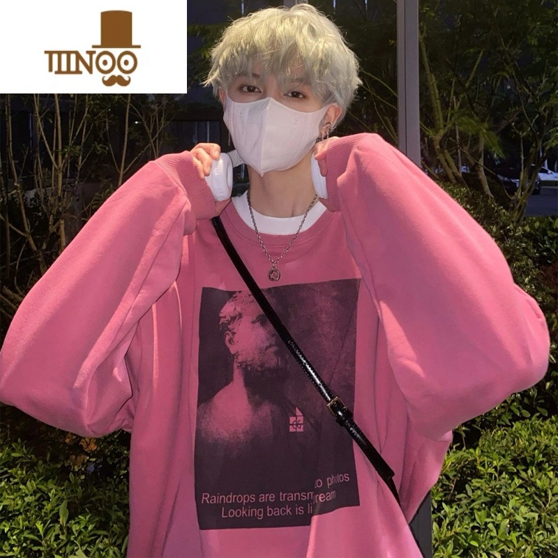 YANXU粉色美式复古圆领卫衣男款潮牌oversize小众情侣装外套高清大图