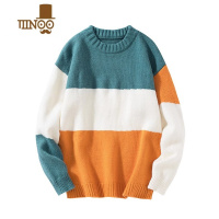 YANXU日系复古拼色条纹圆领毛衣男美式软糯宽松保暖针织情侣毛线衣