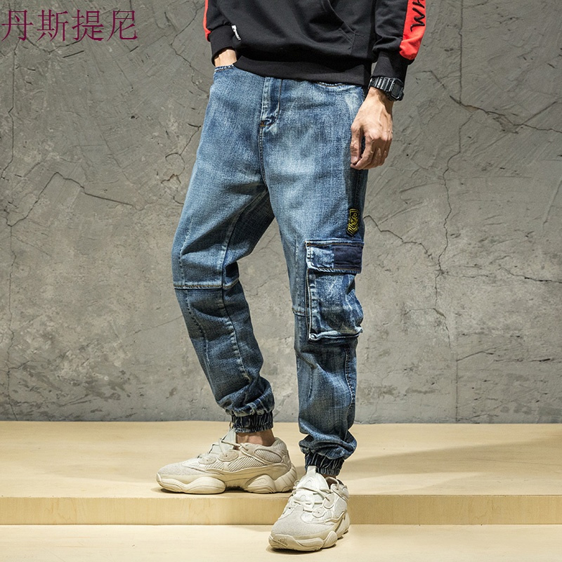 秋季牛仔裤男宽松休闲大码束脚哈伦裤日系嘻哈拼接小脚工装裤子潮
