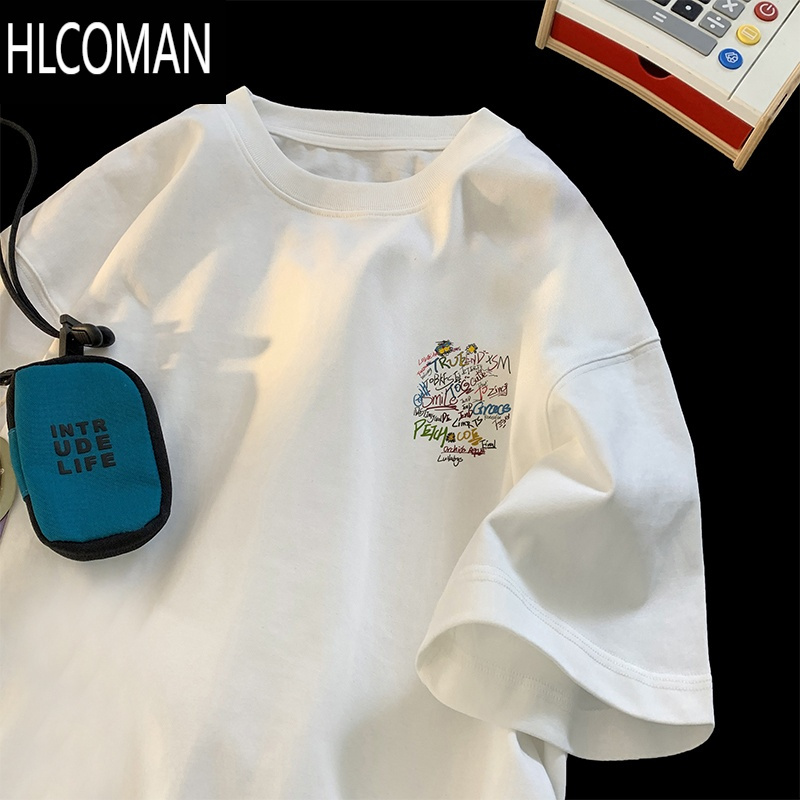 HLCOMAN涂鸦字母短袖t恤男潮牌美式嘻哈圆领衣服夏季青少年宽松体恤