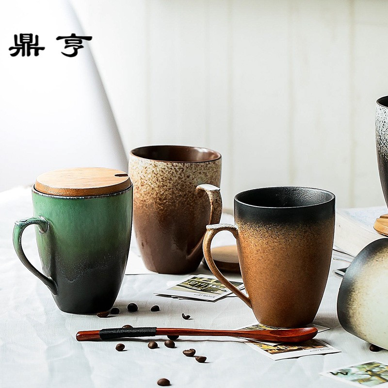鼎亨景德镇复古杯子陶瓷手工马克杯带盖勺 日式咖啡杯刻字情侣杯