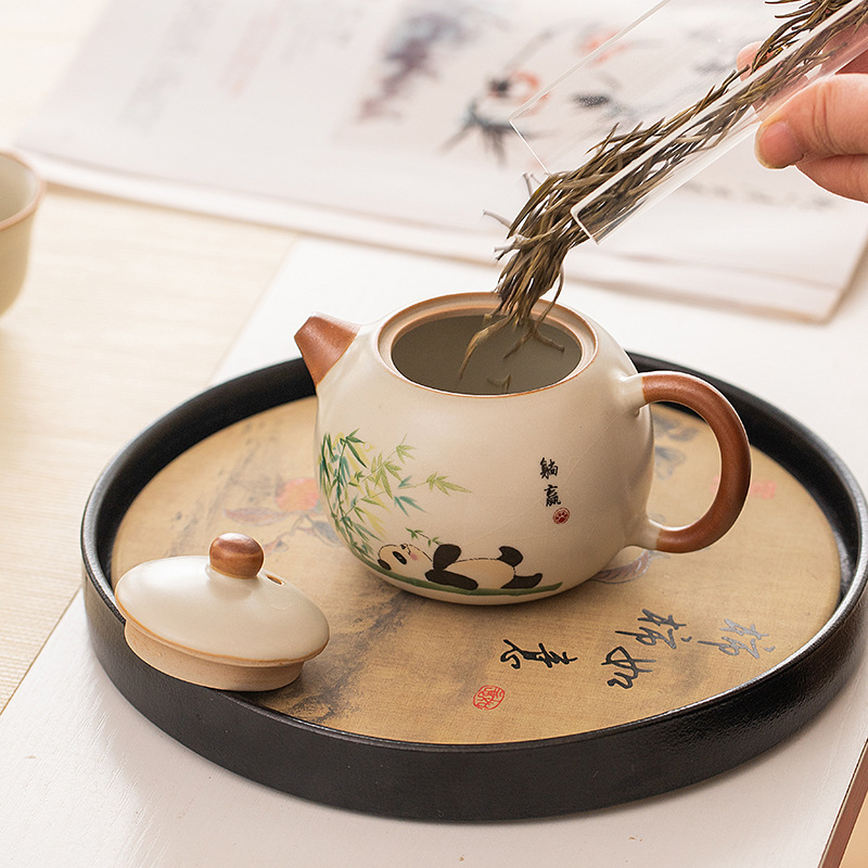 华普思米黄汝窑功夫茶具套装家用陶瓷茶壶茶杯礼盒装公司节日商务伴手礼 一壶四杯-(好运莲莲)高清大图