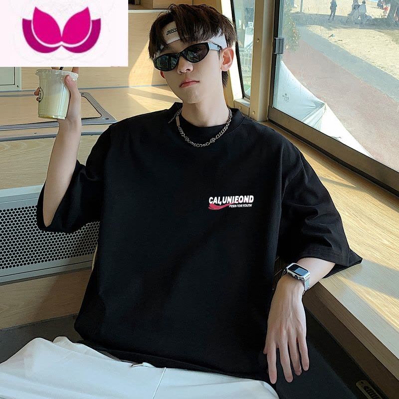 七斓vintage美式小领口男士短袖t恤精梳棉高克上衣服简约印花港风图片