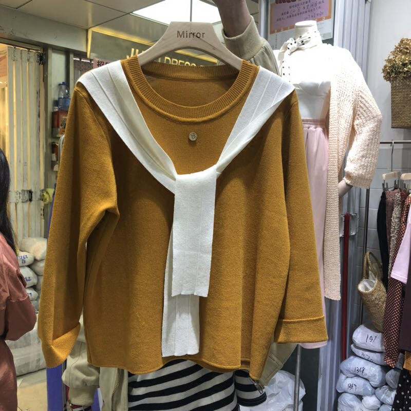 特惠系带拼接薄款针织衫打底衫女2018春装休闲宽松长袖毛衣上衣女白色均码