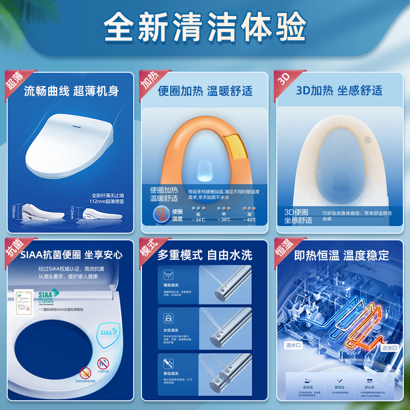 松下panasonic智能马桶盖全自动冲洗智能遥控家用加热坐器便盖板DL-RRTK15CWS