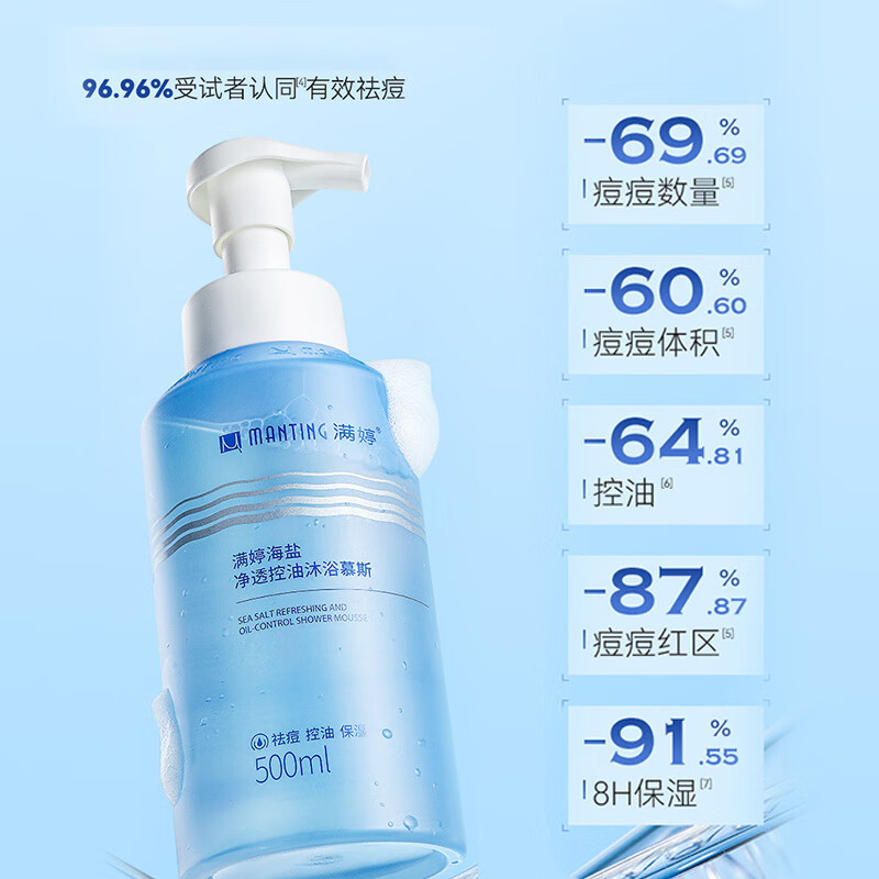 满婷海盐净透控油沐浴慕斯500ml*2瓶(保湿滋润祛痘去油男女士沐浴露)高清大图