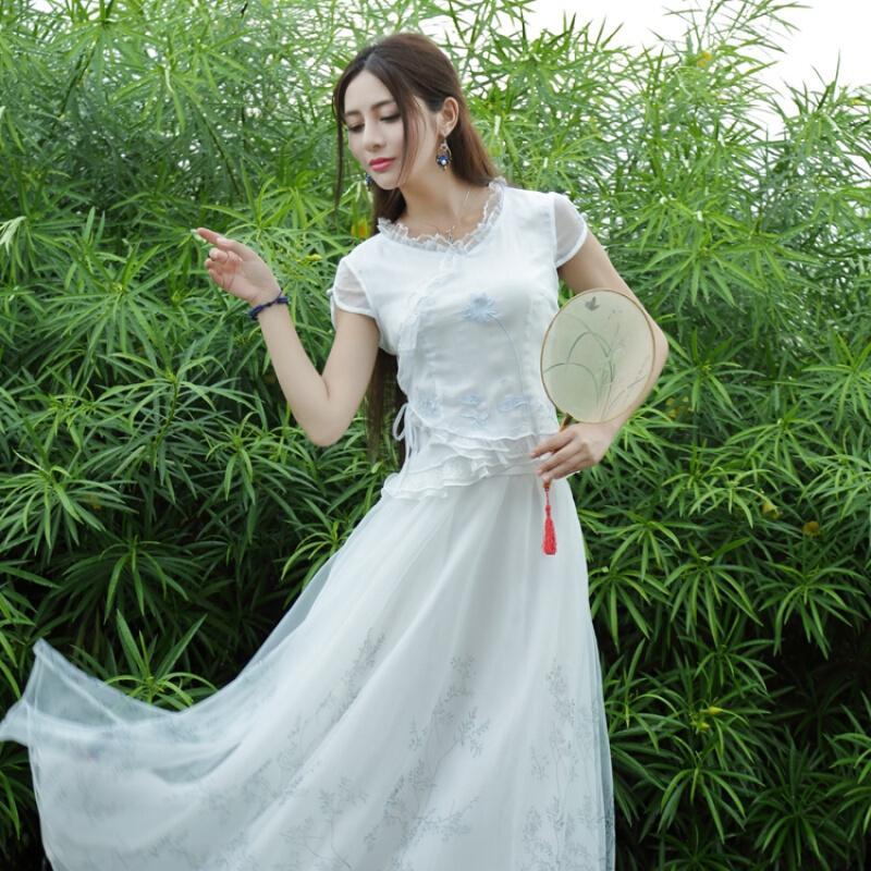 2018春夏新款女民族风复古文艺修身印花仙女气质半身裙长裙松紧腰白色