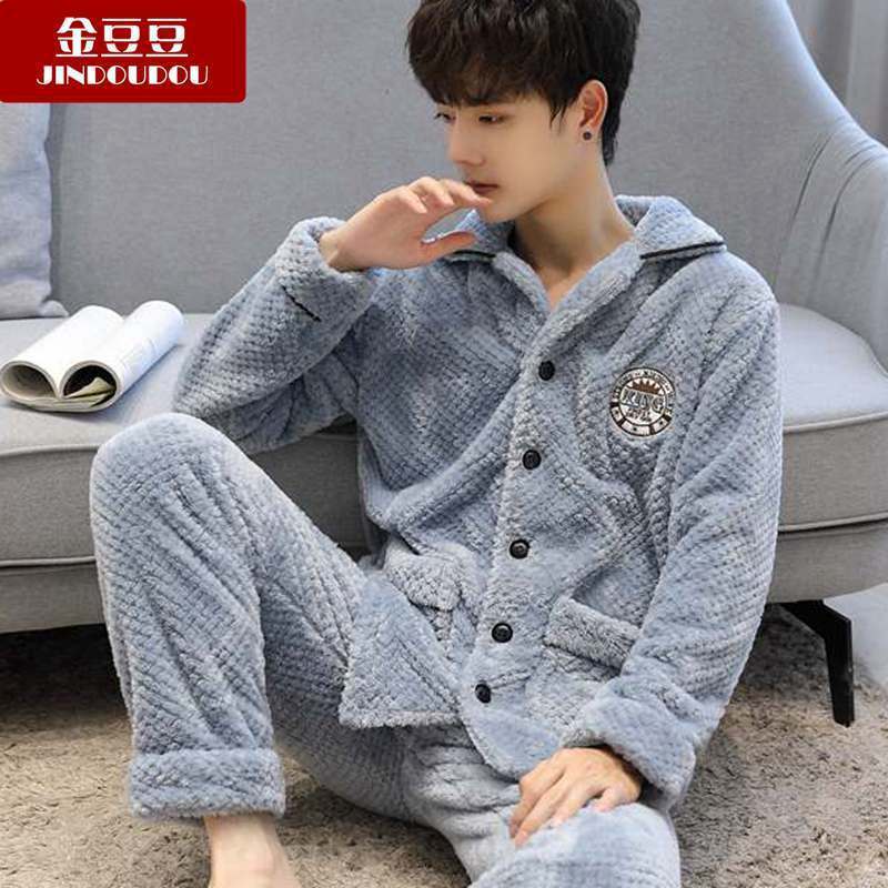 绒睡衣男秋冬韩版加厚加绒男士珊瑚绒冬天保暖套装长袖家居服图片