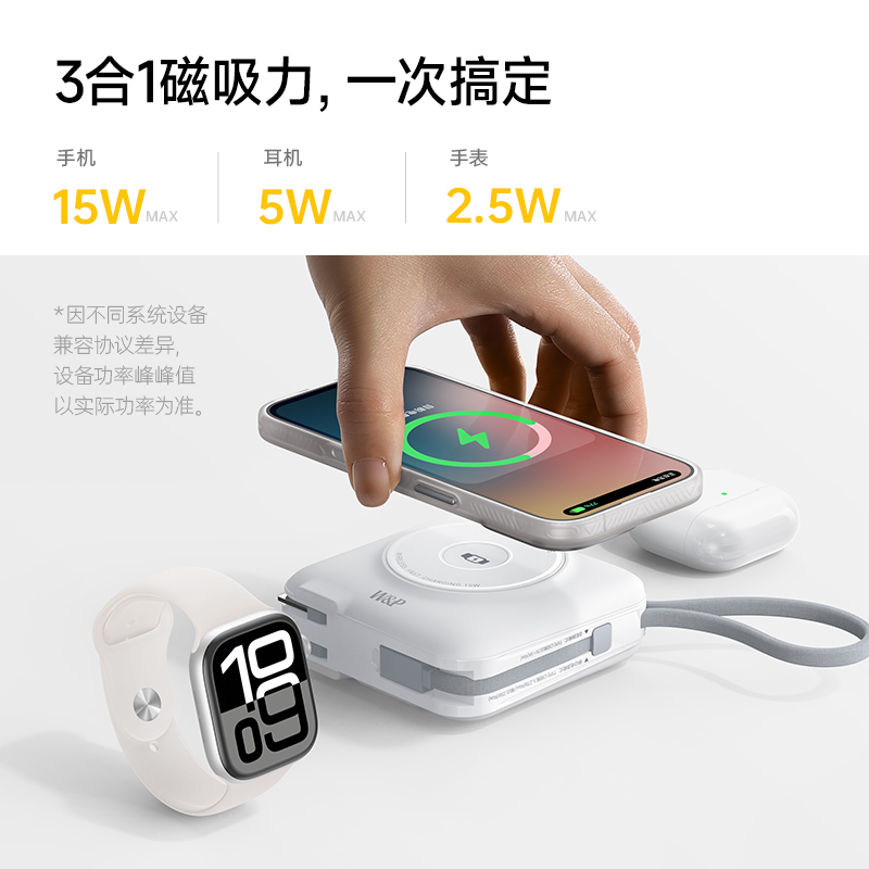 W&P[3C认证可上飞机]商务宝系列移动电源 多合一无线充/45W/15000毫安/白色高清大图