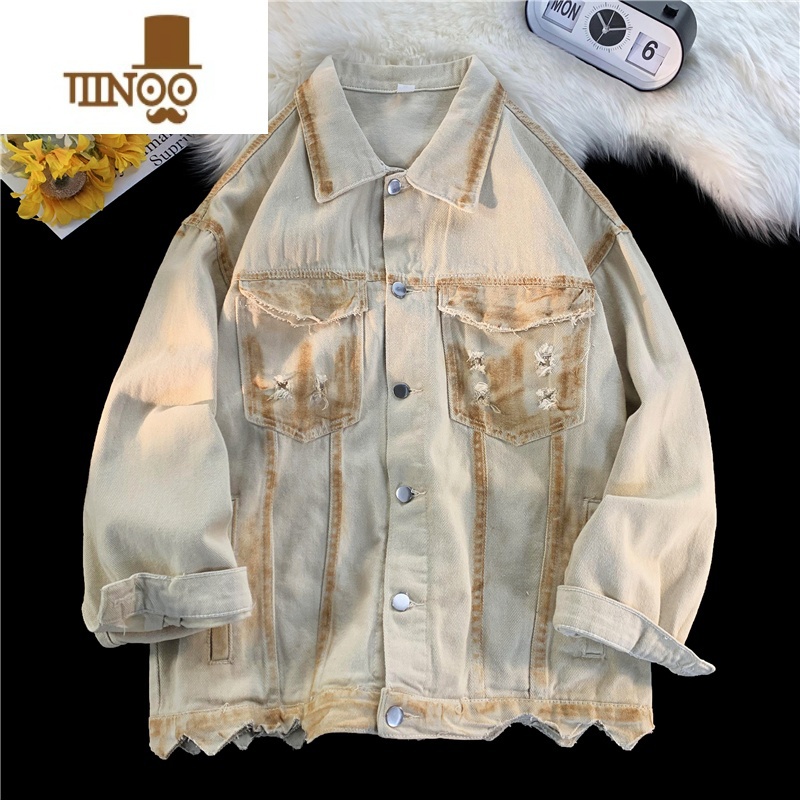 YANXU破洞牛仔外套男春季新款小众设计感美式复古夹克潮牌宽松休闲上男高清大图