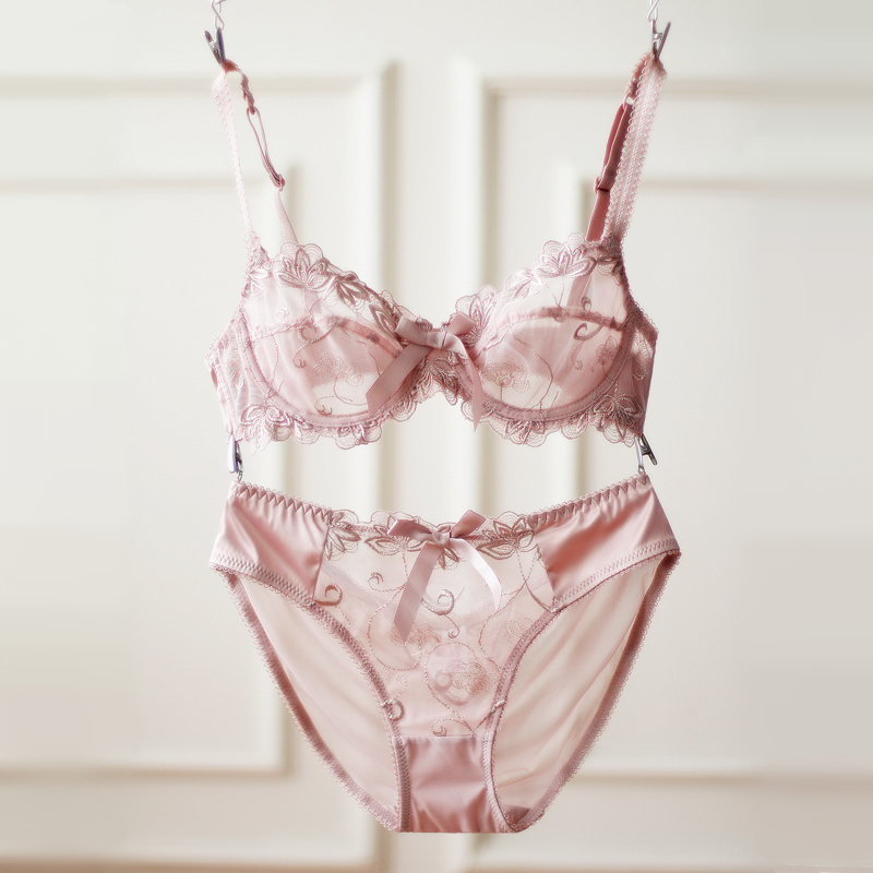 hlcoman超薄文胸套装小胸聚拢蕾丝性感内衣调整型诱惑透明网纱胸罩女