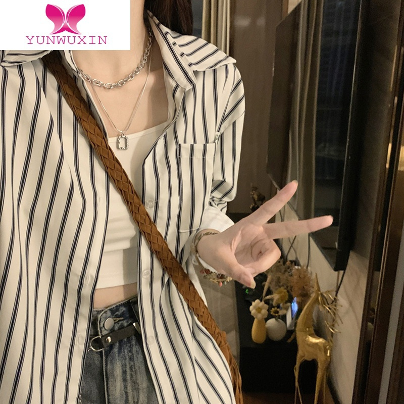 YUNWUXIN法式条纹衬衫女秋装薄款休闲衬衣罩衫外套设计感小众长袖上衣