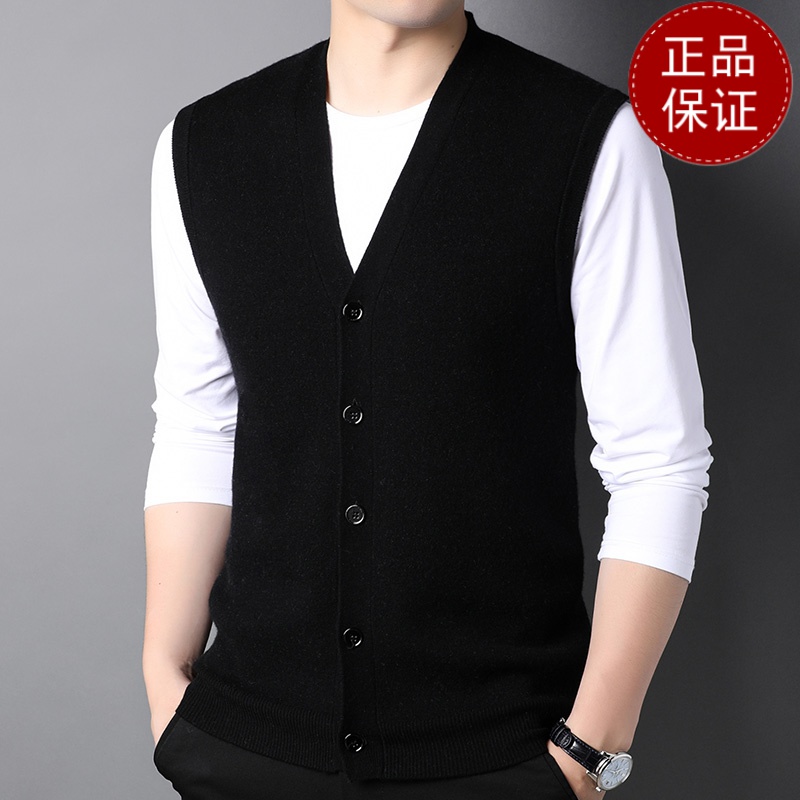 免费退换鄂尔多市中年男士针织衫V领开衫秋冬100%羊绒背心加厚坎肩马甲山羊绒不褪色保暖舒_164_94 165 黑色