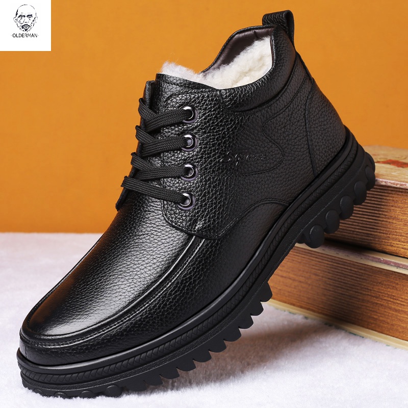 冬季男士加厚保暖男棉鞋加绒防滑棉鞋中年商务真皮羊毛男棉皮鞋视频