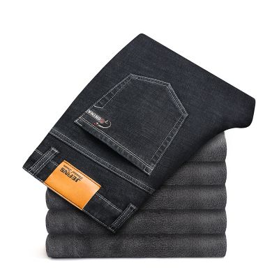 中年牛仔裤加绒加厚柔软保暖裤男士加肥加大码弹力宽松直筒裤jean 3095黑色加绒 40（3尺2）215斤