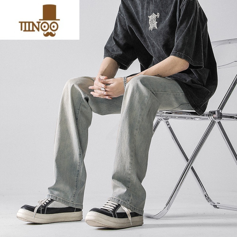 YANXU牛仔裤男秋季复古水洗做旧黄泥染微喇裤高街vibe休闲百搭直筒长喇高清大图