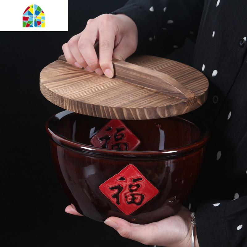 福字缸米缸特色农家乐餐具创意土陶缸汤碗猪油盆带盖仿古fenghou小号