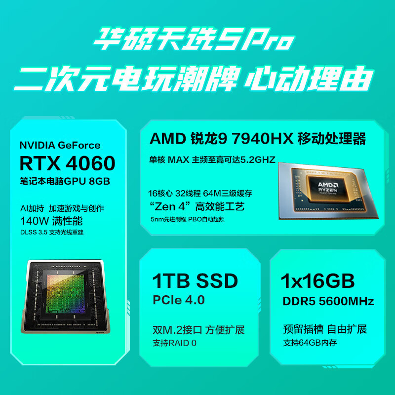 华硕(ASUS)天选5Pro 2024款 (锐龙R9-7940HX 16G 2TB RTX4070 2.5K 165Hz 青色 定制)16英寸独显直连电竞屏游戏本笔记本电脑