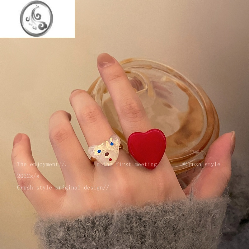 JiMi红色爱心小熊树脂戒指女甜美少女网红食指戒ins潮时尚个性关节戒