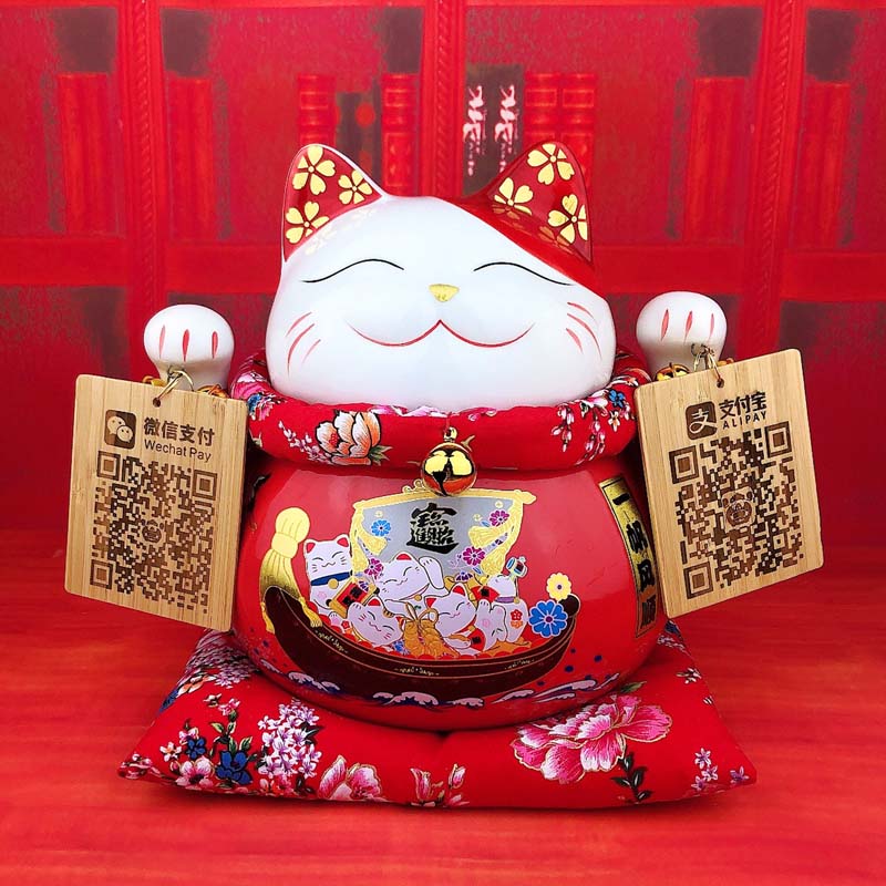 摆件 开业店铺收银台 红色发财猫存钱罐 二维码摆台 木吊牌 三维工匠 10寸大号一帆风顺+二维码木牌猫高清大图