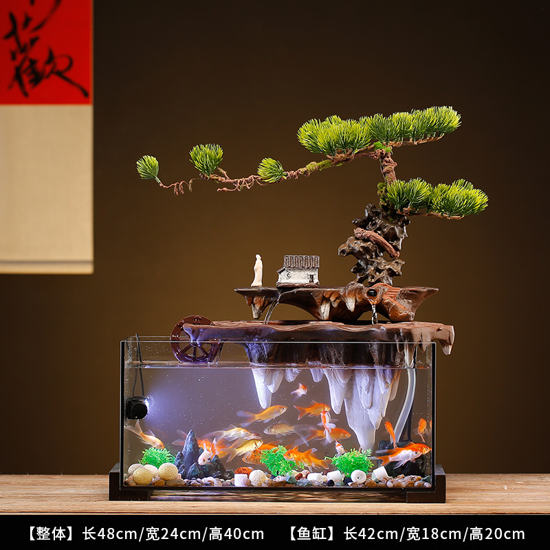 创意免换水生态玻璃鱼缸造景假山流水摆件循环水客厅办公室装饰品