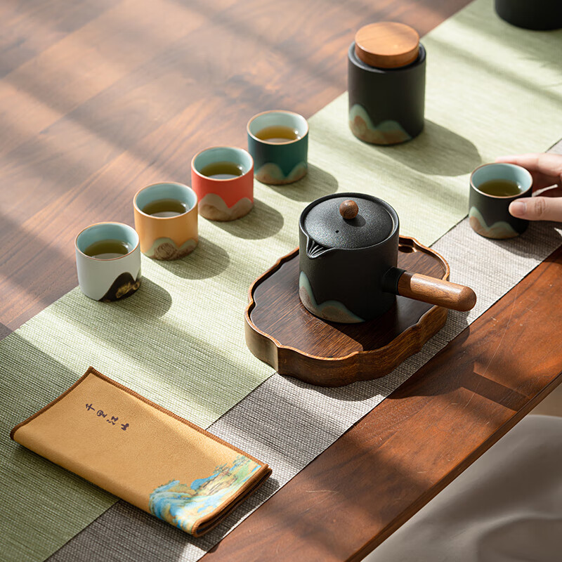 苏氏陶瓷/SUSHI CERAMICS J0924 手绘釉画彩千里江侧把壶五色杯高清大图