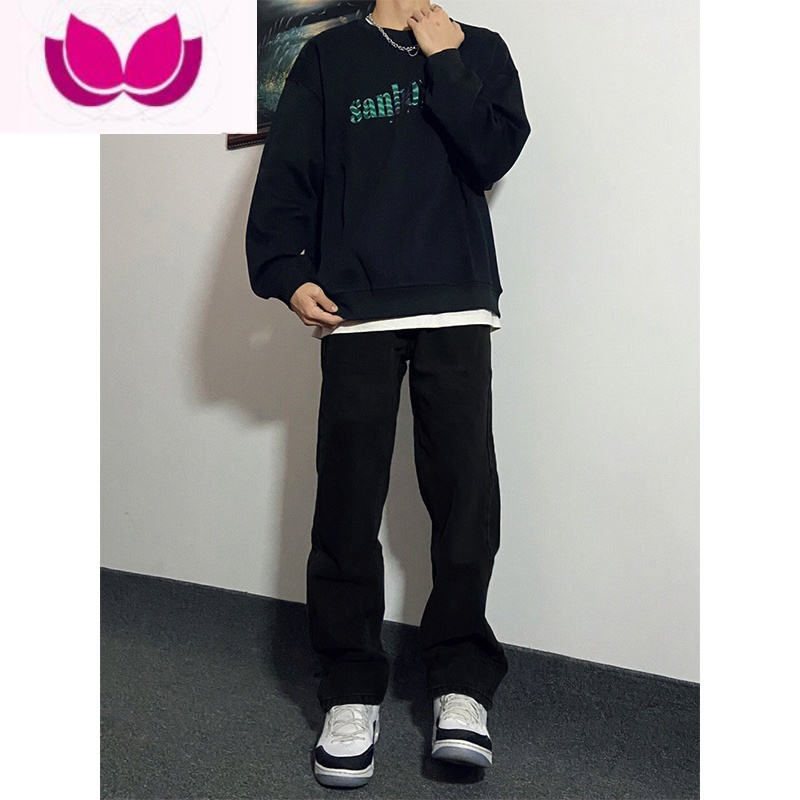 七斓美式高街黑色牛仔裤男新款潮牌小众高级感百搭宽松直筒阔腿裤