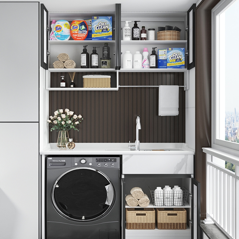 它墅太空铝阳台洗衣机柜带搓板洗手洗脸盆柜一体洗衣池伴侣洗衣柜组合