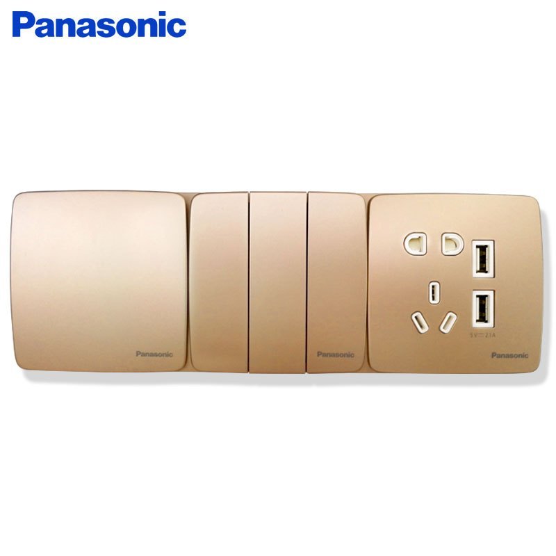 Panasonic松下开关插座曲悦五孔插座带开关86型无边大板一位单控双联双控面板双USB五孔WMT654香槟金电源插座高清大图