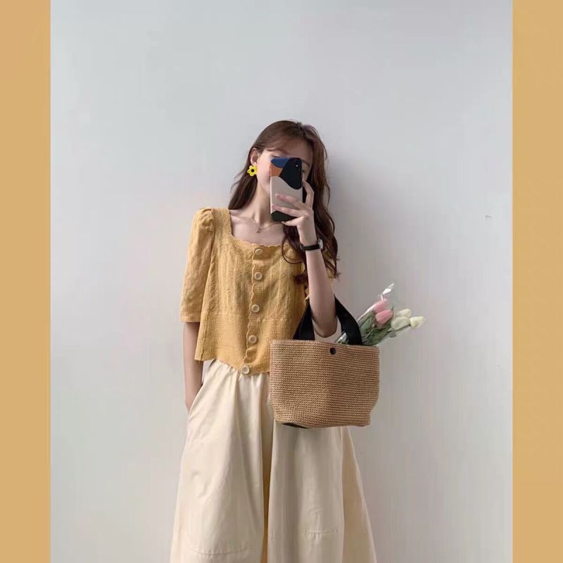 艳如飞夏季新款可盐可甜复古文艺小个子少女感穿搭上衣+半身裙两件套装套装