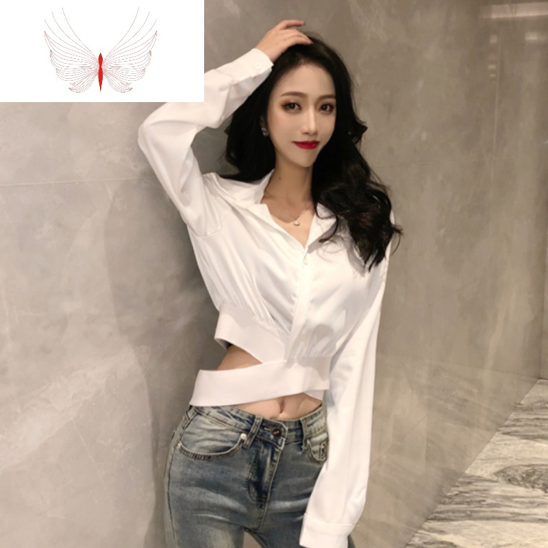 短款衬衫女装春秋新款韩国复古时尚简约长袖衬衣收腰显瘦露脐上衣