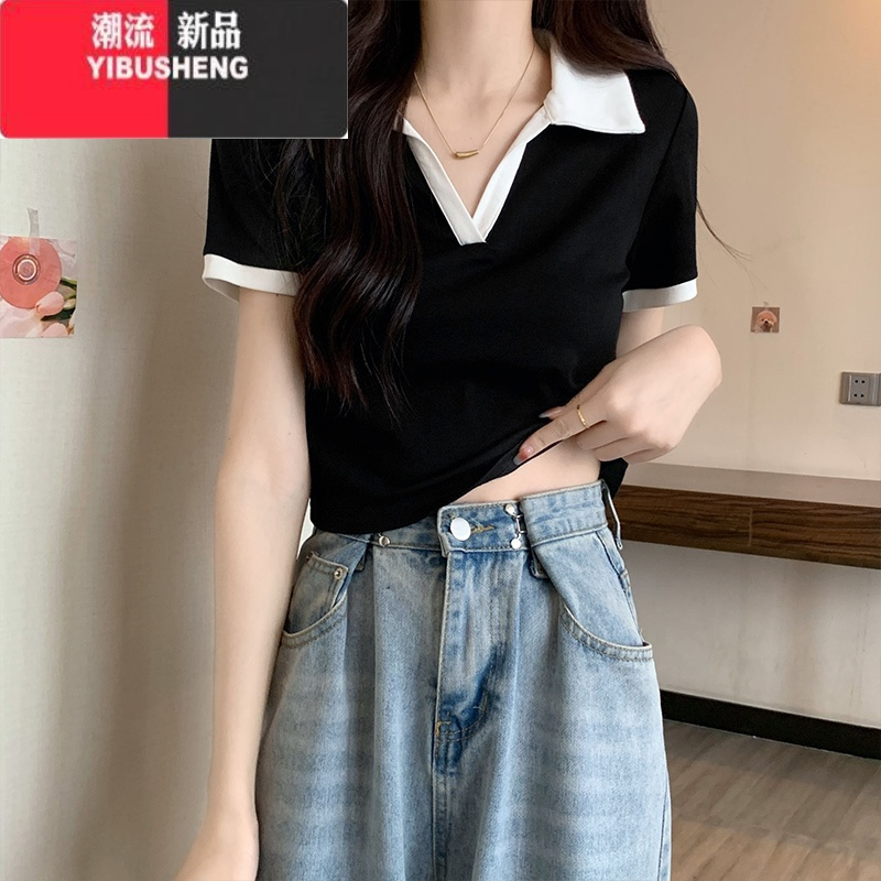 YIBUSHENGV领正肩短袖t恤女2024季新款Polo领设计感小众修身短款甜辣上衣