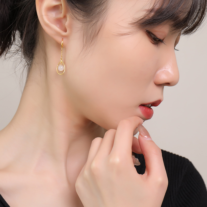印象眸 足金镶和田玉耳环 黄金镶白玉圆珠女款耳坠耳饰 附送证书
